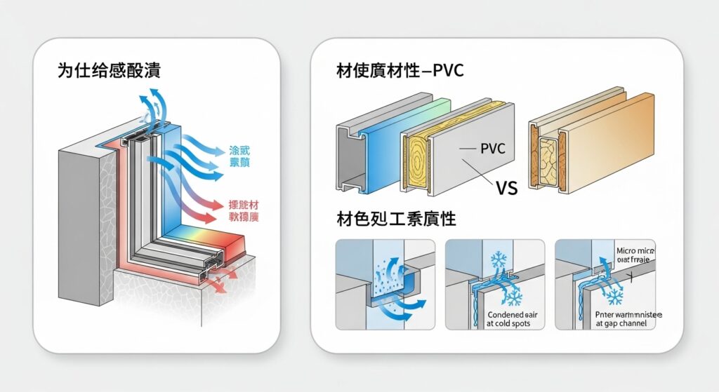 창틀 프레임이 차가운 이유 — 열교·재질·틈새 구조 인포그래픽