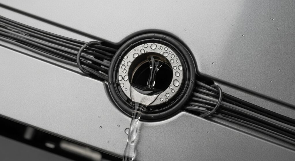 청소 후 물이 잘 빠지도록 정리된 깨끗한 샤시 배수홀 실사 이미지