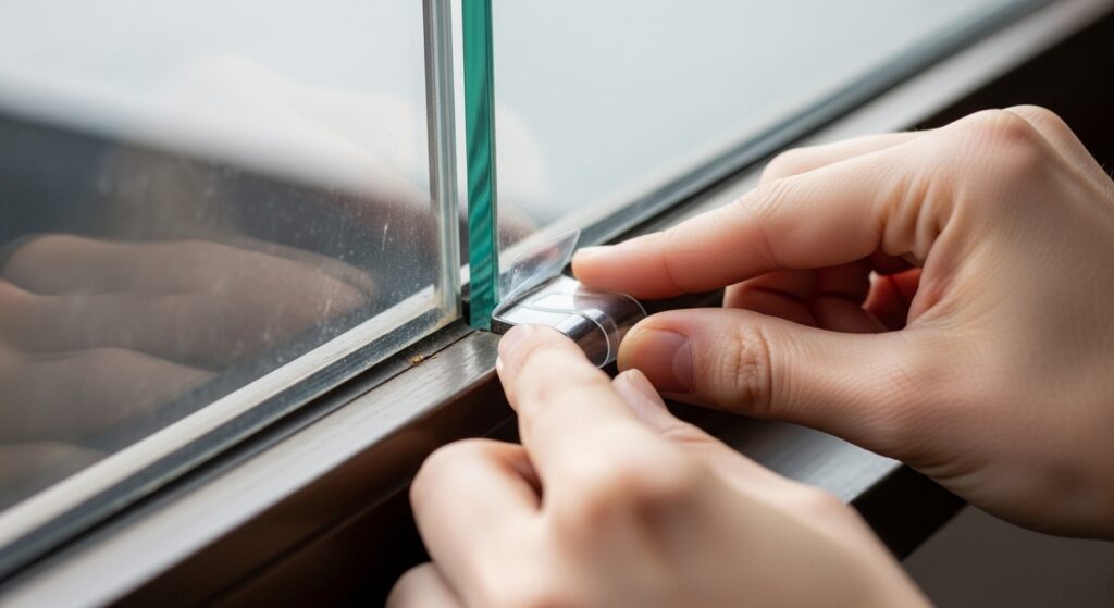 투명 틈막이를 유리-프레임 라인에 부착하는 손의 클로즈업 실사 이미지