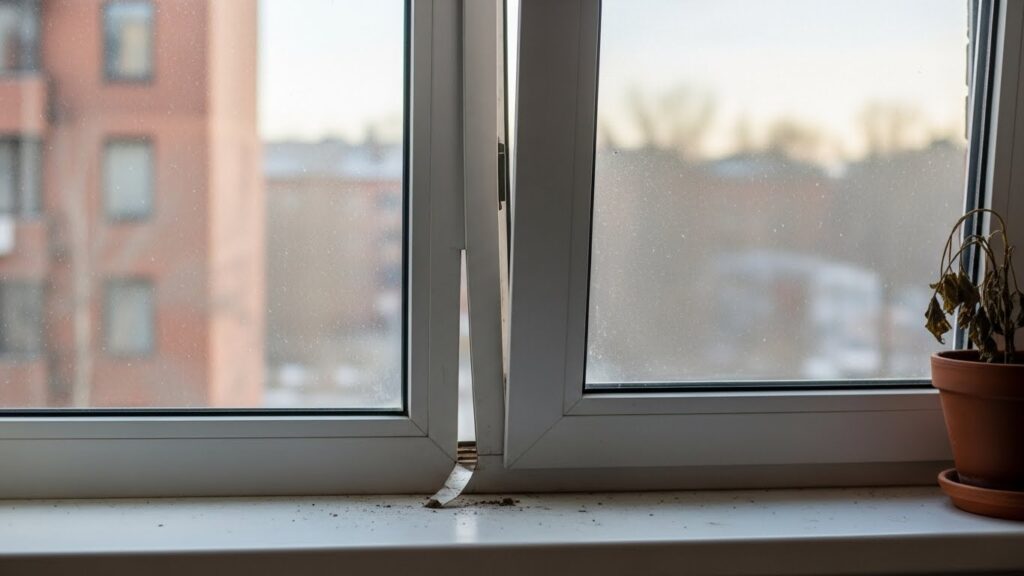 틀어짐으로 인해 잘 닫히지 않는 창문 프레임 구조를 근접 촬영한 실사 이미지