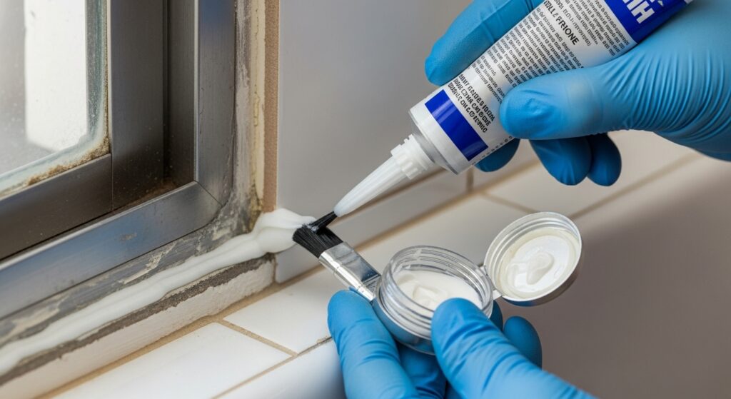 하단 실리콘 보수와 브러시형 틈막이를 부착하는 실제 작업 장면