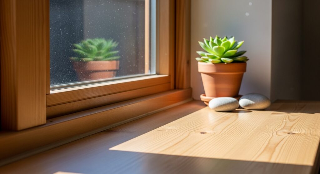 하단 틈새 보강 후 따뜻해진 창가 바닥과 프레임 모습 실사 이미지