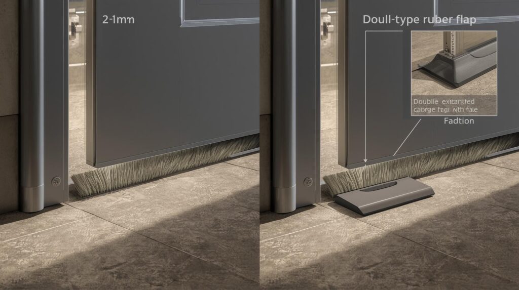 현관문 하단 바람 차단 — 브러시 1–2mm 여유와 플랩 높이 조절