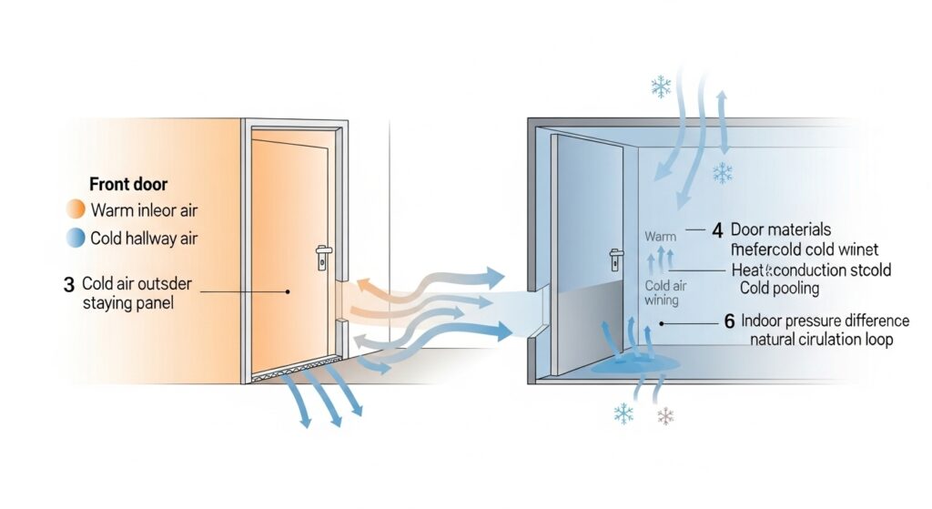 현관문 하단의 온도 차이와 바람 유입 구조 인포그래픽