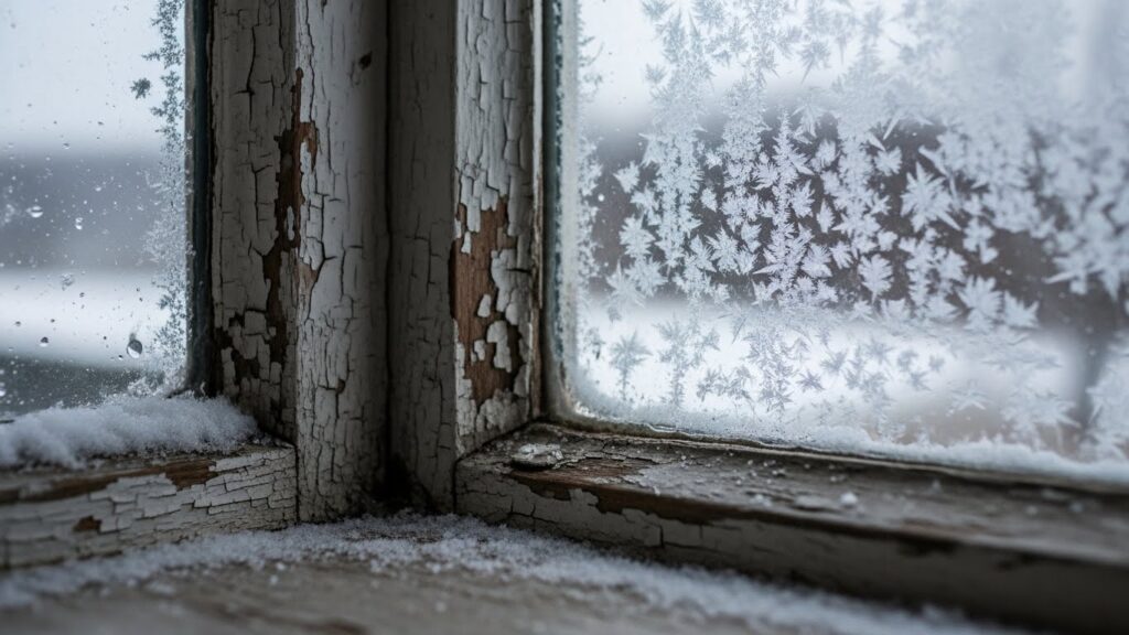창문 모서리가 유독 차가워진 부분을 근접 촬영한 실사 이미지