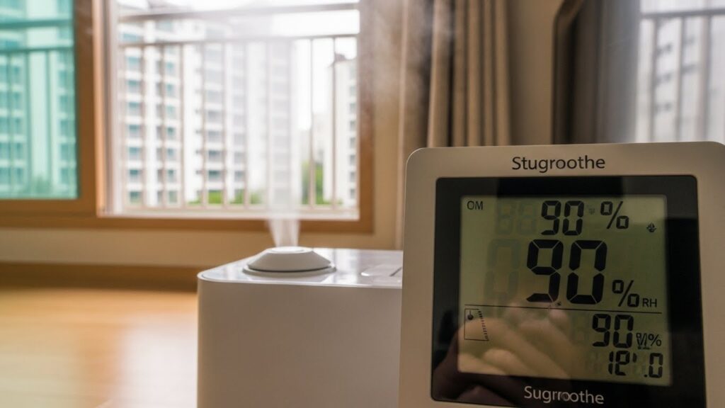 가습기 바로 옆에 습도계를 두어 수치가 과도하게 높게 나오는 상황 실사 이미지
