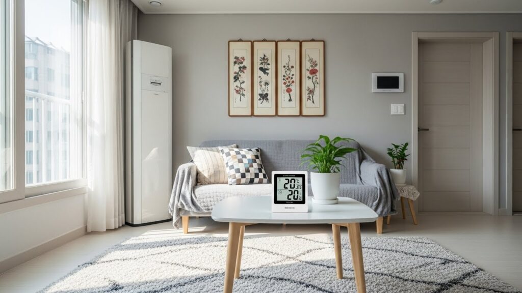 거실 중앙 허리 높이에 습도계를 둔 올바른 위치 실사 이미지