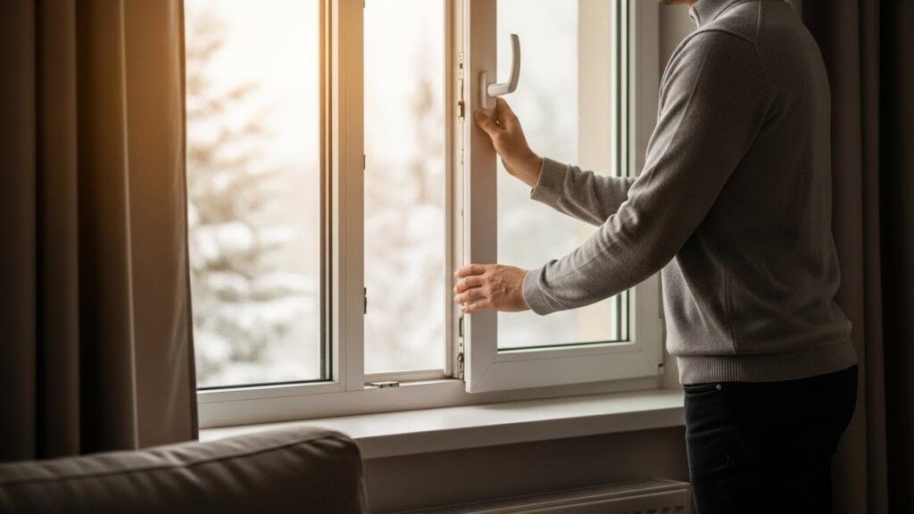 겨울 낮 시간대에 짧게 환기하며 실내 온도 손실을 최소화하는 모습 실사 이미지