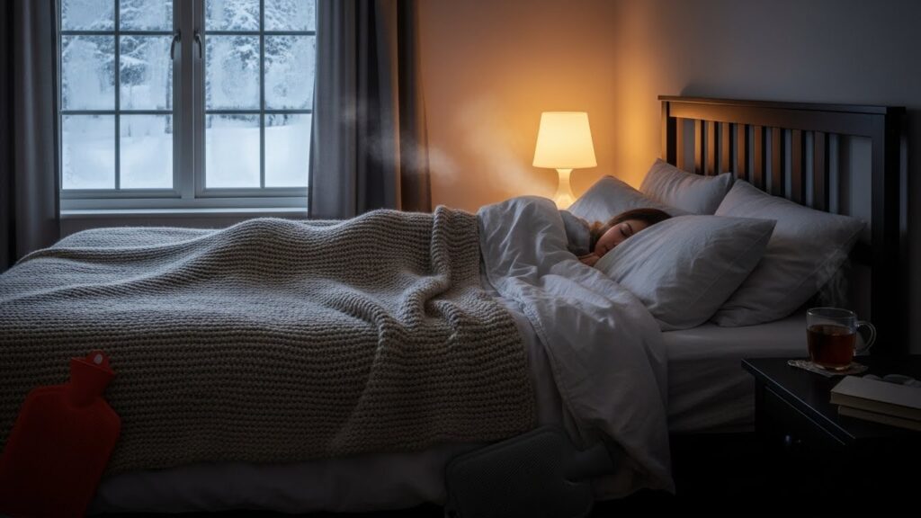 겨울 밤 침실에서 낮은 난방 온도로 편안하게 잠자리에 든 실내 모습의 실사 이미지