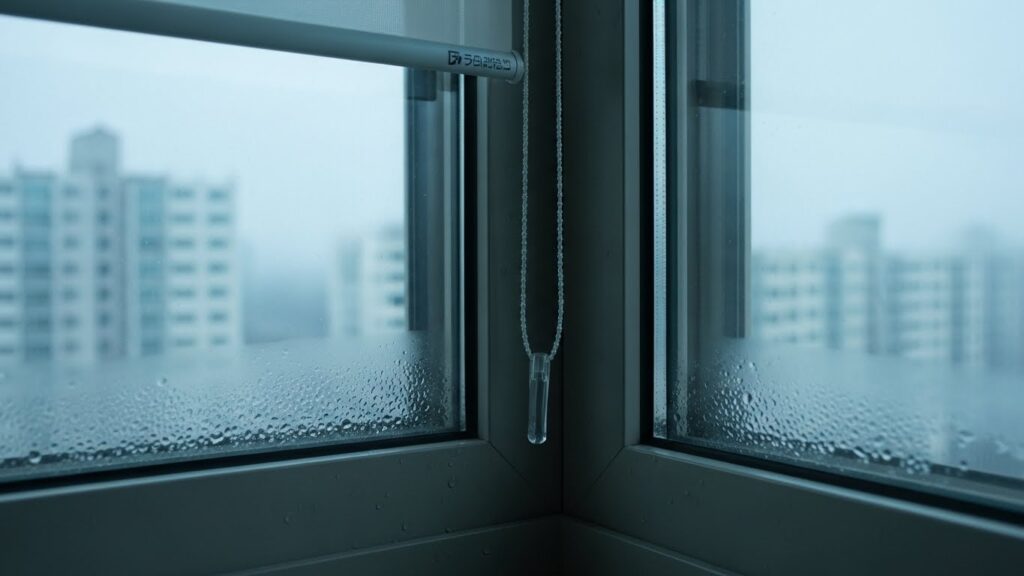 겨울 아침 창문 하단과 모서리에 결로가 있는지 점검하는 실사 이미지