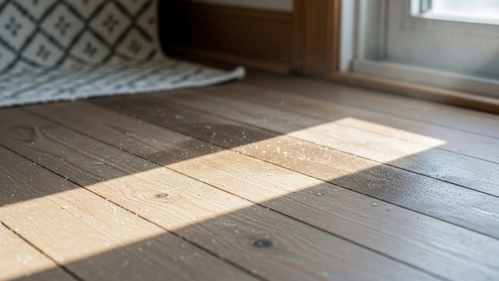 겨울 환기 후 바닥 냉기가 느껴지는 거실 바닥을 클로즈업한 실사 이미지