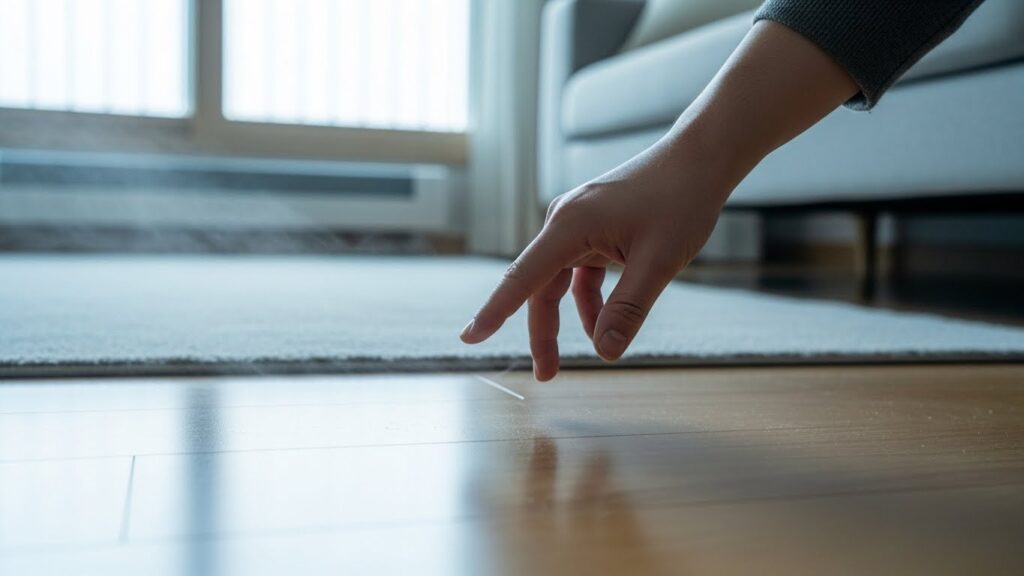 겨울철 거실 바닥을 따라 퍼지는 냉기 흐름을 손으로 확인하는 모습