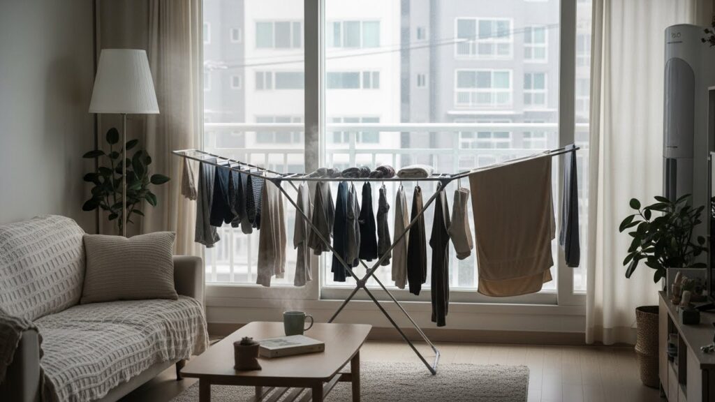 겨울철 거실에서 빨래를 실내 건조하고 있는 실제 주거 공간 모습