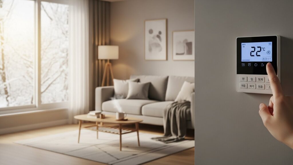 겨울철 거실에서 실내 온도를 유지하기 위해 난방을 조절하는 모습의 실사 이미지