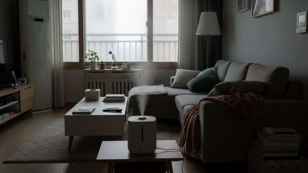 겨울철 난방 중 실내 공기가 건조해져 답답해 보이는 거실 실사 이미지