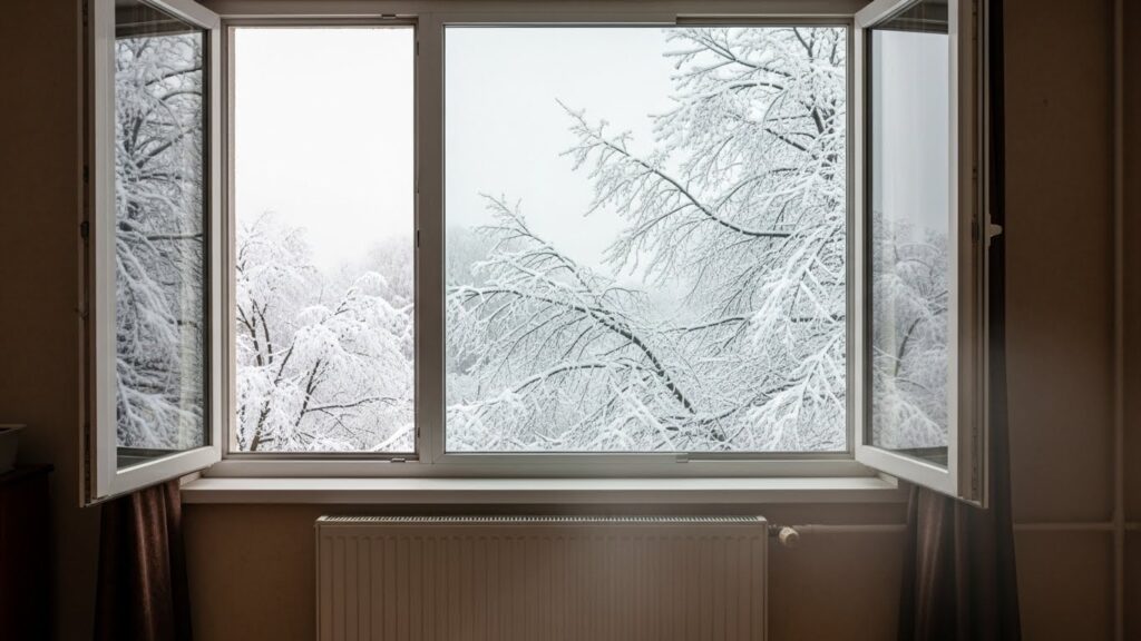 겨울철 난방 중 창문을 열어 환기하면서 찬 공기가 들어오는 실내 모습 실사 이미지