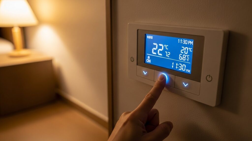 겨울철 밤에 취침 시간을 앞두고 난방 온도를 조절하는 모습의 실사 이미지