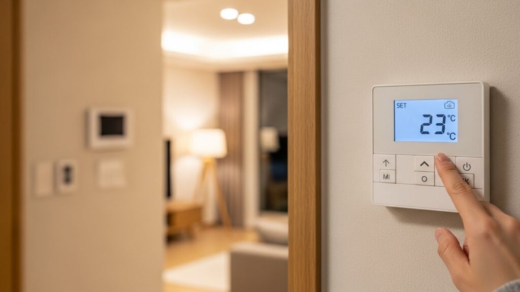 겨울철 보일러 적정 온도를 온도조절기에서 설정하는 실사 이미지