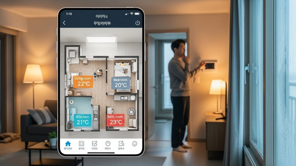 겨울철 실내 공간별 적정 온도를 비교하며 확인하는 모습의 실사 이미지