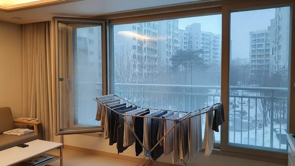 겨울철 실내 빨래 건조 중 창문을 살짝 열어 환기하는 모습 실사 이미지