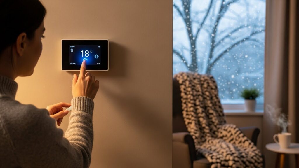 겨울철 실내에서 보일러 온도 조절기를 확인하며 적정 온도를 설정하는 모습의 실사 이미지