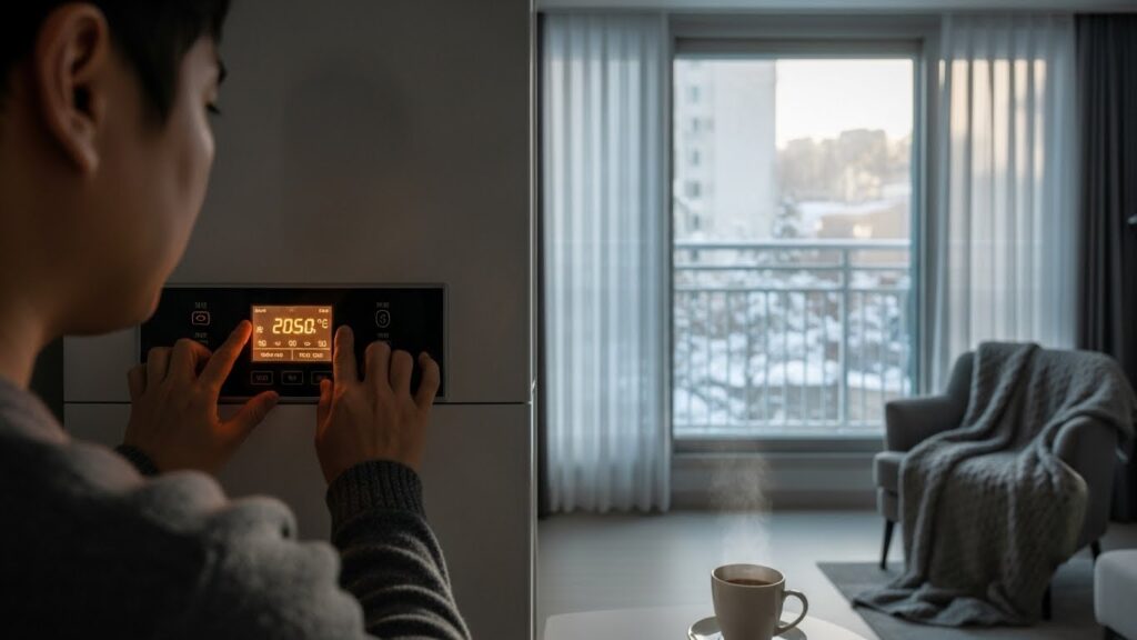 겨울철 아침에 난방 온도를 조절하며 보일러 패널을 확인하는 모습의 실사 이미지
