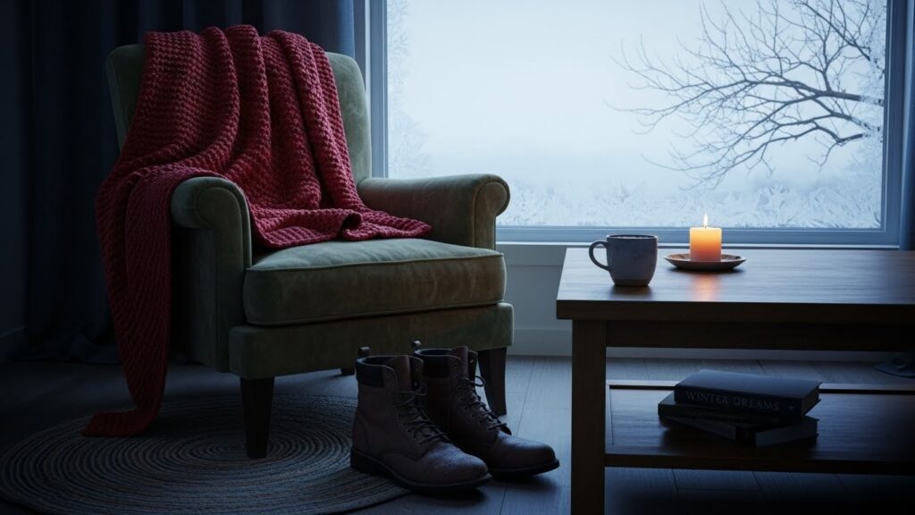 겨울철 외출 후 난방이 꺼진 상태의 조용한 실내 모습 실사 이미지