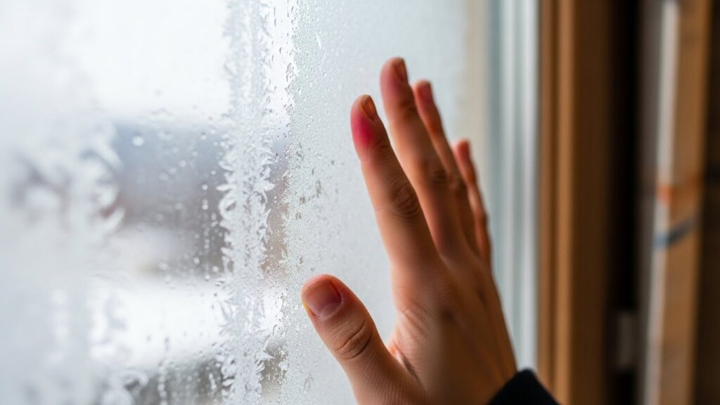 겨울철 차가운 창문 유리 표면을 손으로 확인하는 모습 실사 이미지