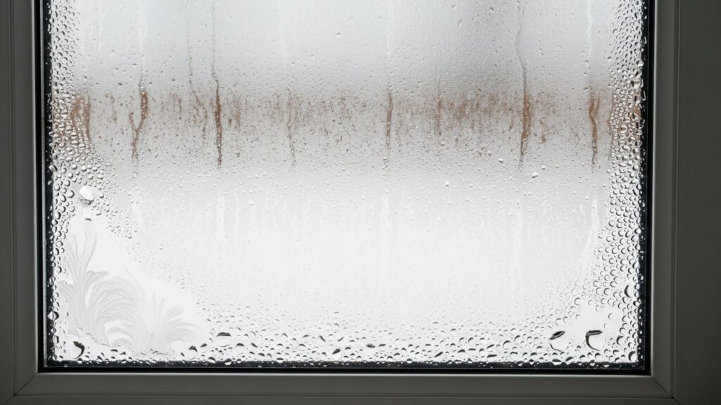 겨울철 창문 모서리와 프레임에서 발생하는 실사 결로와 냉기 지점