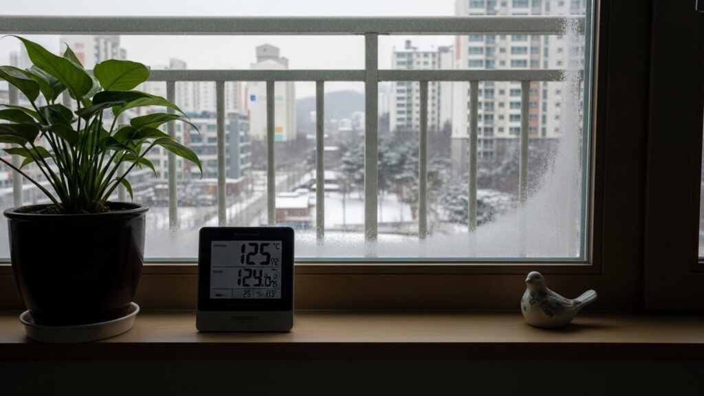 겨울철 창문 옆 창틀에 습도계를 올려둔 실사 이미지
