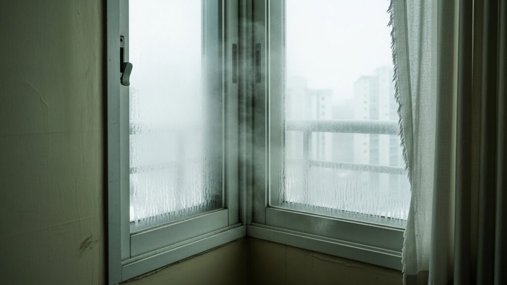 겨울철 창문 코너 부위 단열 부족으로 냉기와 결로가 생기는 실사 이미지