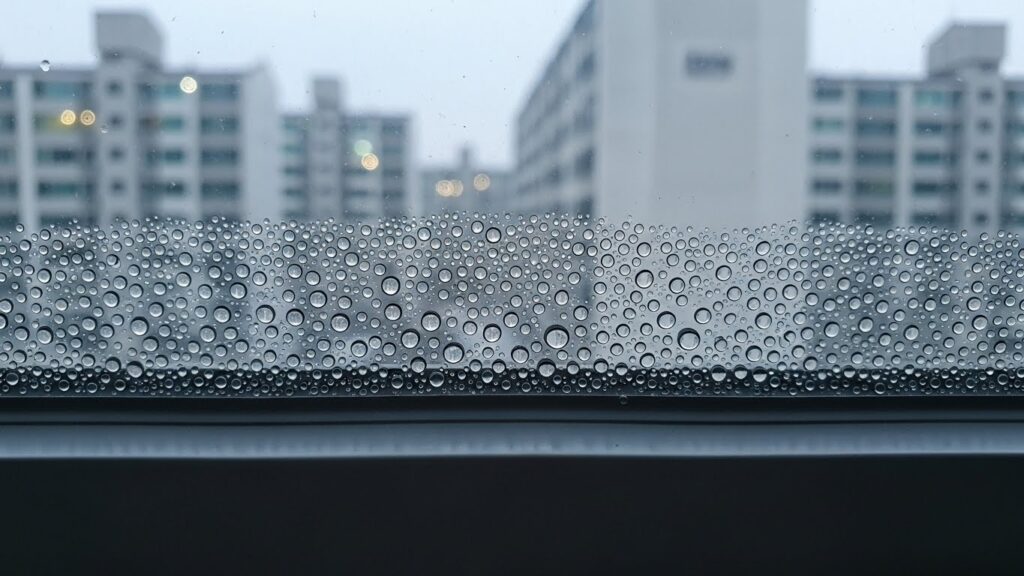 겨울철 창문 하단 프레임에 물방울이 맺힌 모습 클로즈업 실사 이미지