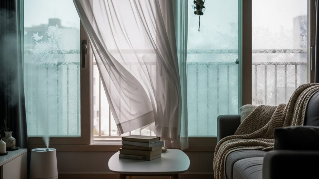 겨울철 창문을 잠깐 열어 짧게 환기하는 실내 모습 실사 이미지