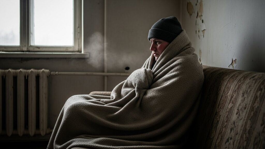 난방이 안돼서 추워서 이불을 덮고 있는 실사 이미지