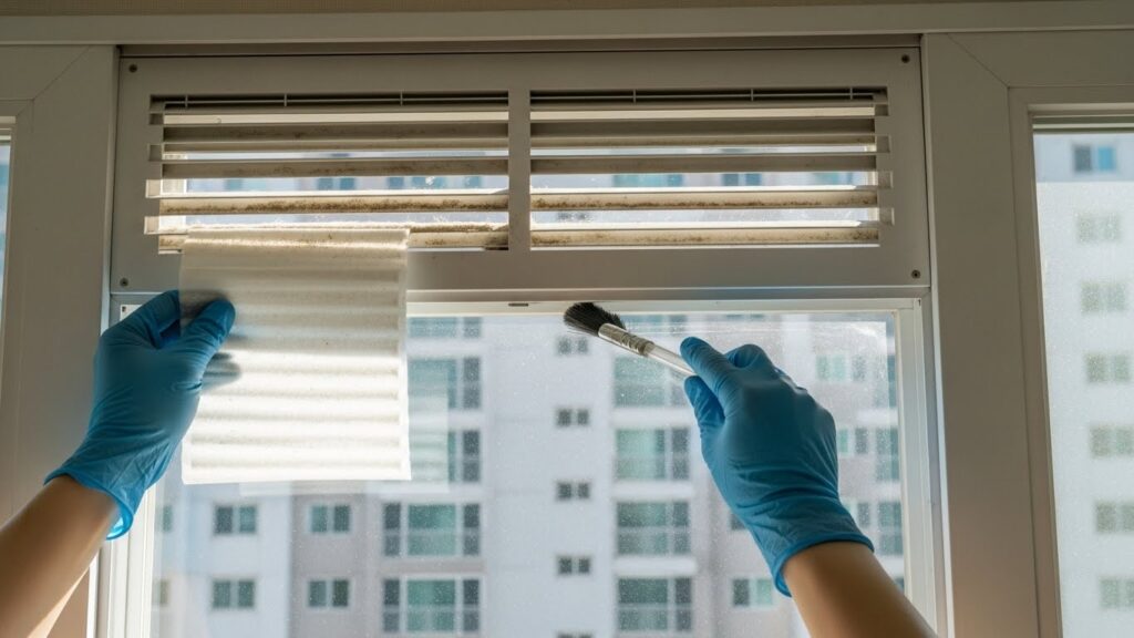 상단 환기구 패킹 보강과 필터 청소를 하는 실제 작업 실사 이미지