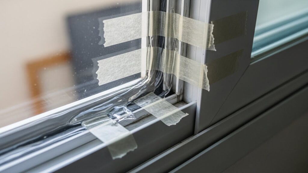 유리-프레임 틈을 실리콘과 투명 테이프로 보강하는 실제 작업 실사 이미지