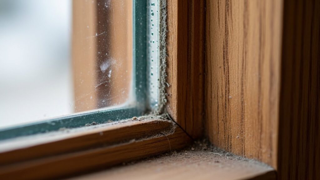 유리와 샤시 프레임 사이에 생긴 미세 틈새를 근접 촬영한 실사 이미지