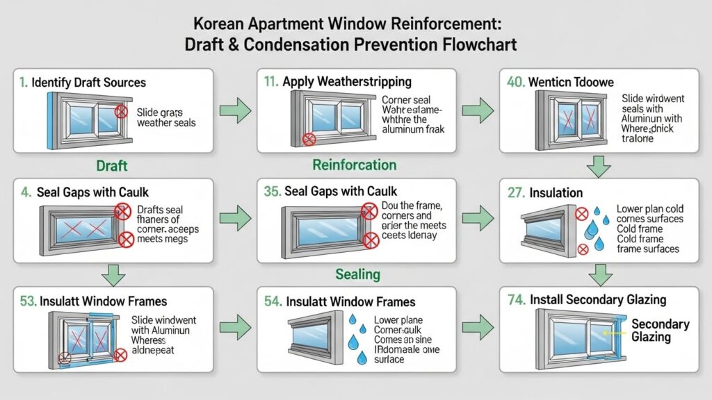 창문 구조와 외풍·결로 위험 구간을 단계별로 보강하는 흐름도