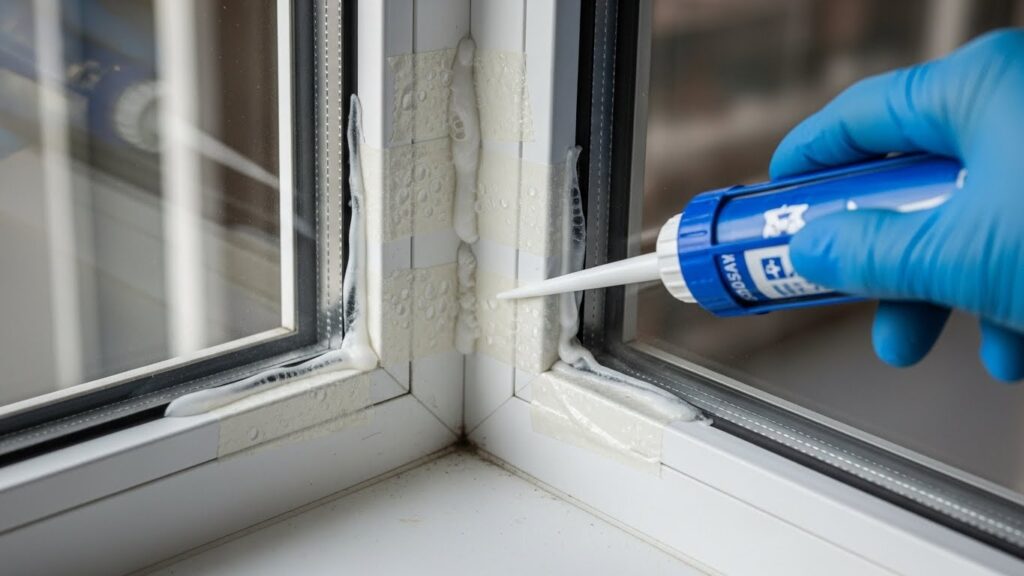 창문 모서리 틈을 실리콘과 투명 테이프로 보강하는 작업 실사 이미지