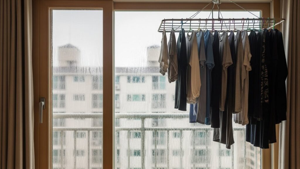 창문 바로 옆에서 빨래를 말려 창문에 결로가 생긴 모습 실사 이미지