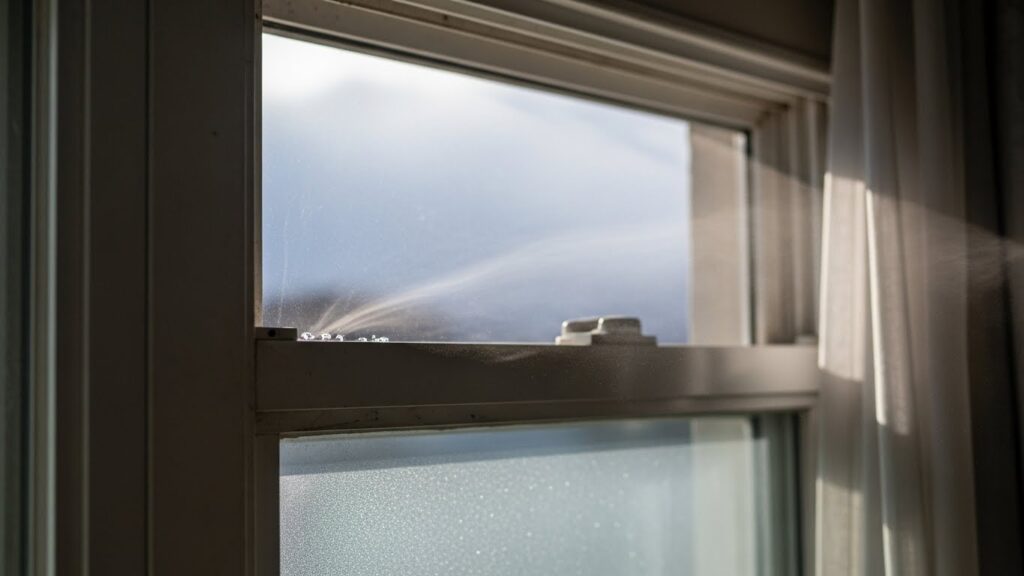 창문 상단 환기구 틈새에서 외풍이 들어오는 구조를 보여주는 실사 이미지