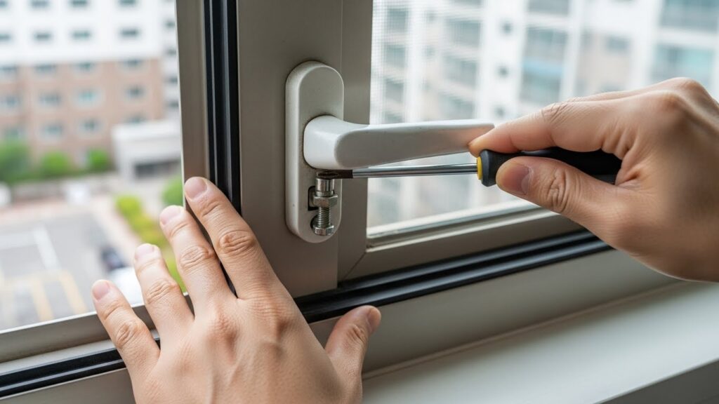 창문 손잡이 압력을 조정하거나 패킹을 보강하는 실제 작업 실사 이미지