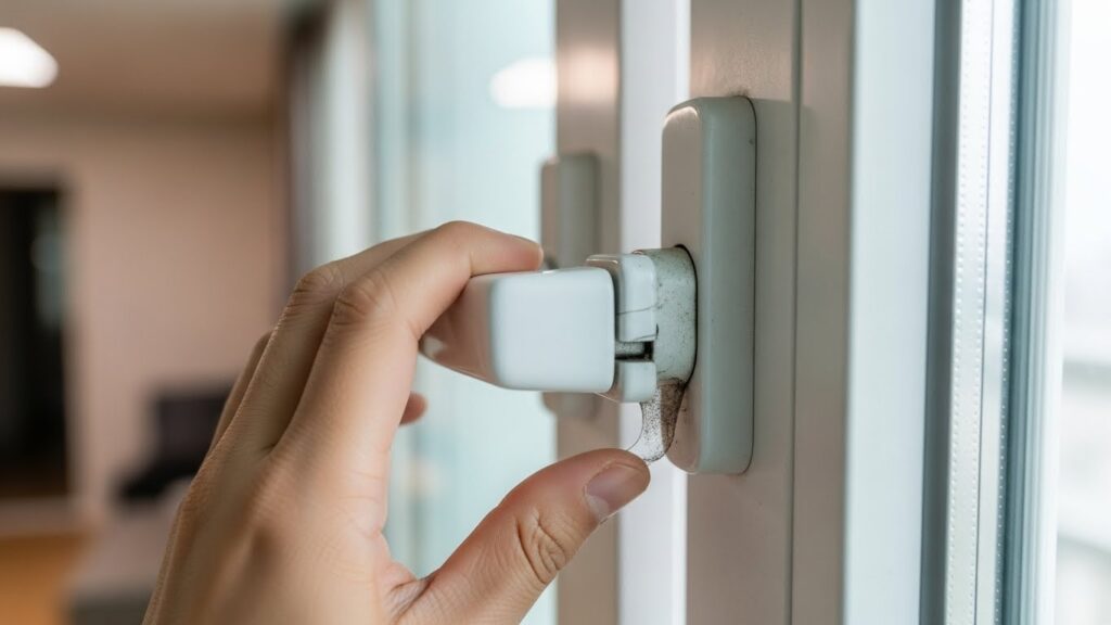 창문 손잡이 압력이 약해 틈바람이 생길 때 손잡이 주변을 점검하는 모습