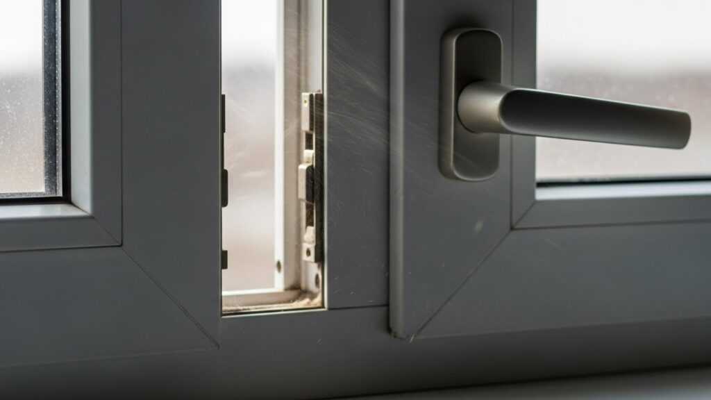 창문 손잡이 주변 틈에서 바람이 들어오는 구조를 근접 촬영한 실사 이미지