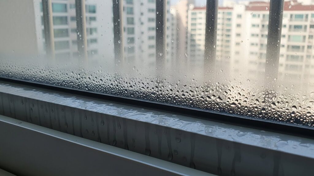 창문 아래쪽 하단 프레임에 물이 고여 있는 실제 결로 실사 이미지