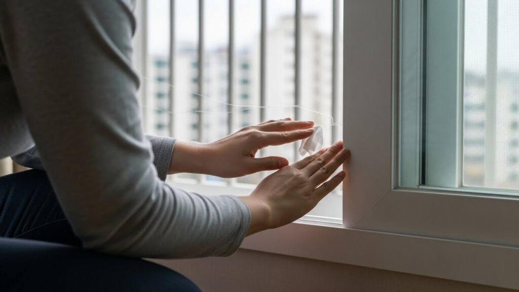 창문 틈바람을 손과 휴지로 점검하는 모습의 실제 사진