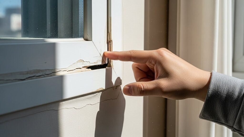 창문 프레임 들뜸으로 인해 프레임과 벽체 사이 틈을 손으로 확인하는 모습