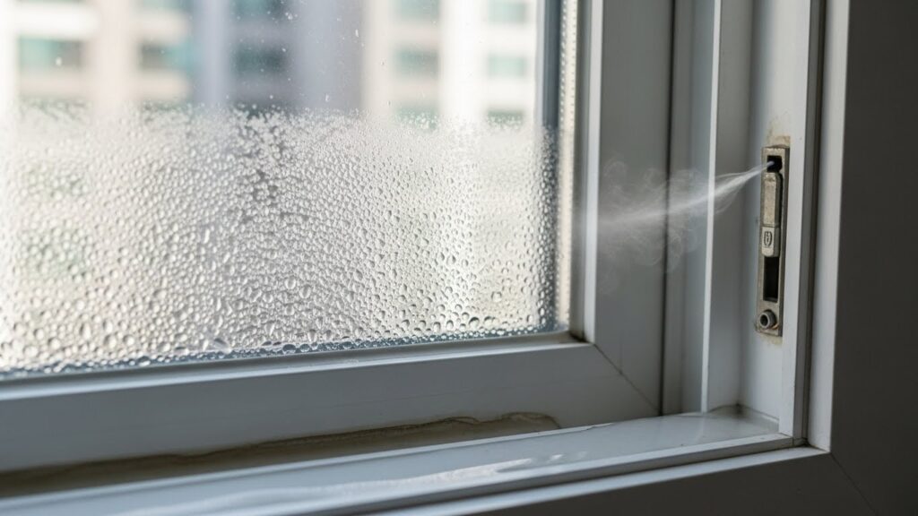 창문 프레임 모서리 들뜸과 열교로 인해 겨울 결로와 냉기가 발생한 실사 클로즈업