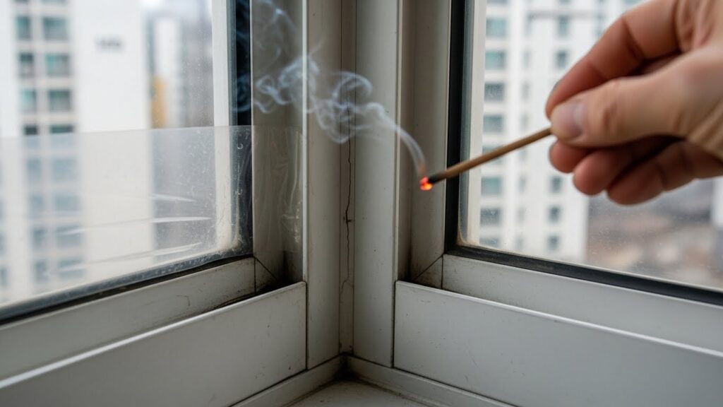 창문 프레임과 모서리 부분에서 냉기와 틈바람을 점검하는 실사 이미지