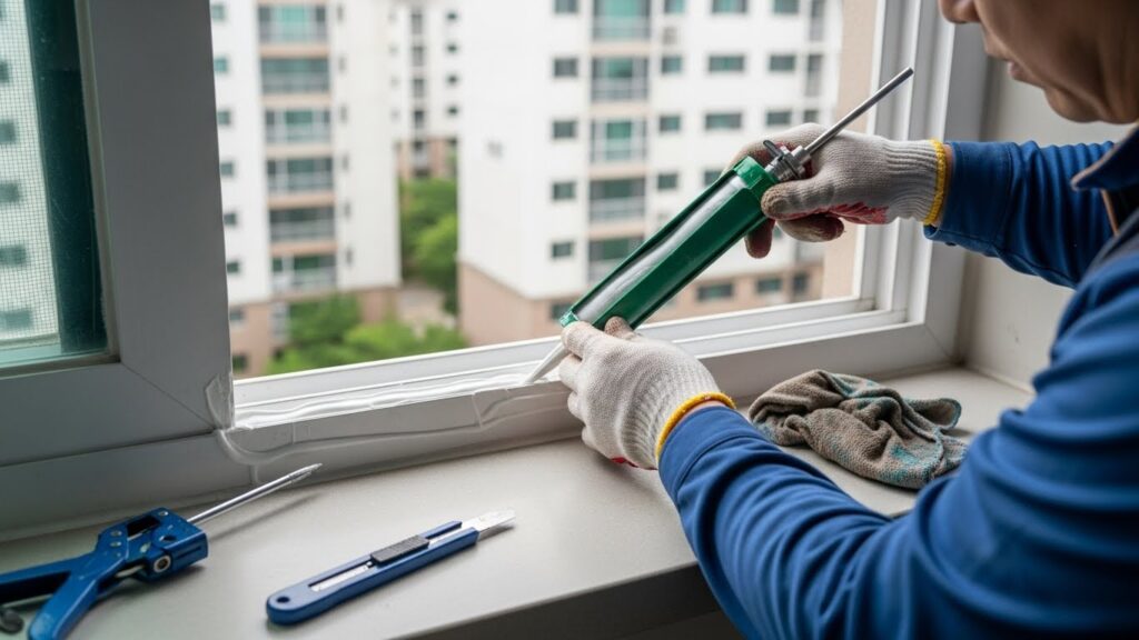 창문 하단 실리콘을 재보수하거나 배수홀을 정리하는 실제 보강 작업 실사 이미지